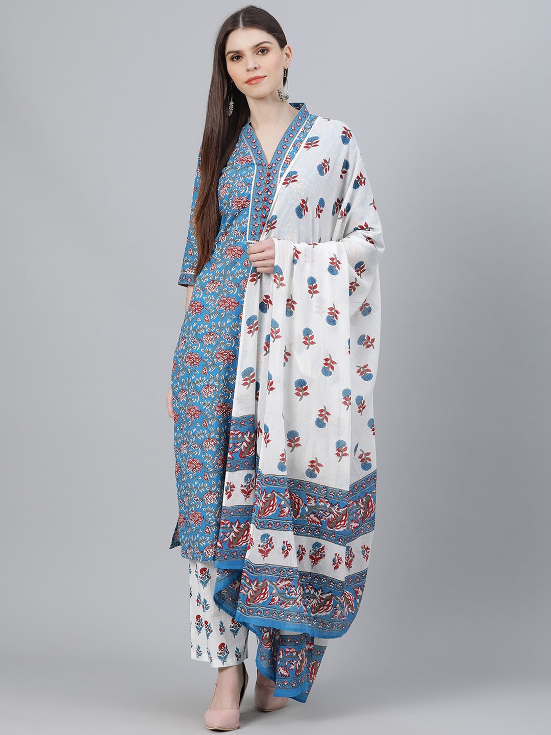 

Libas Women Blue Printed Kurta with Palazzos & Dupatta
