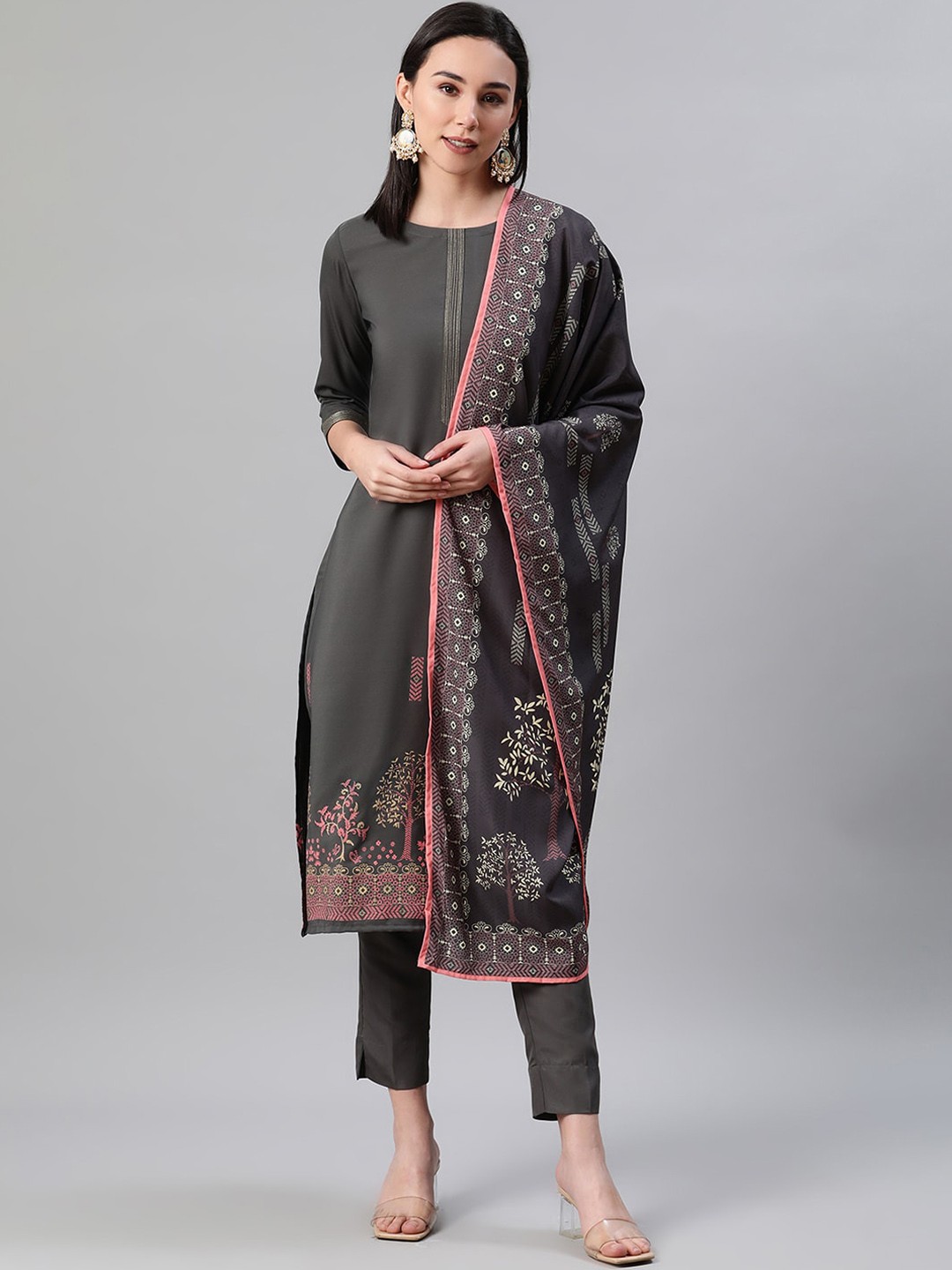 

ZIYAA Women Grey Printed Kurta with Trousers & Dupatta