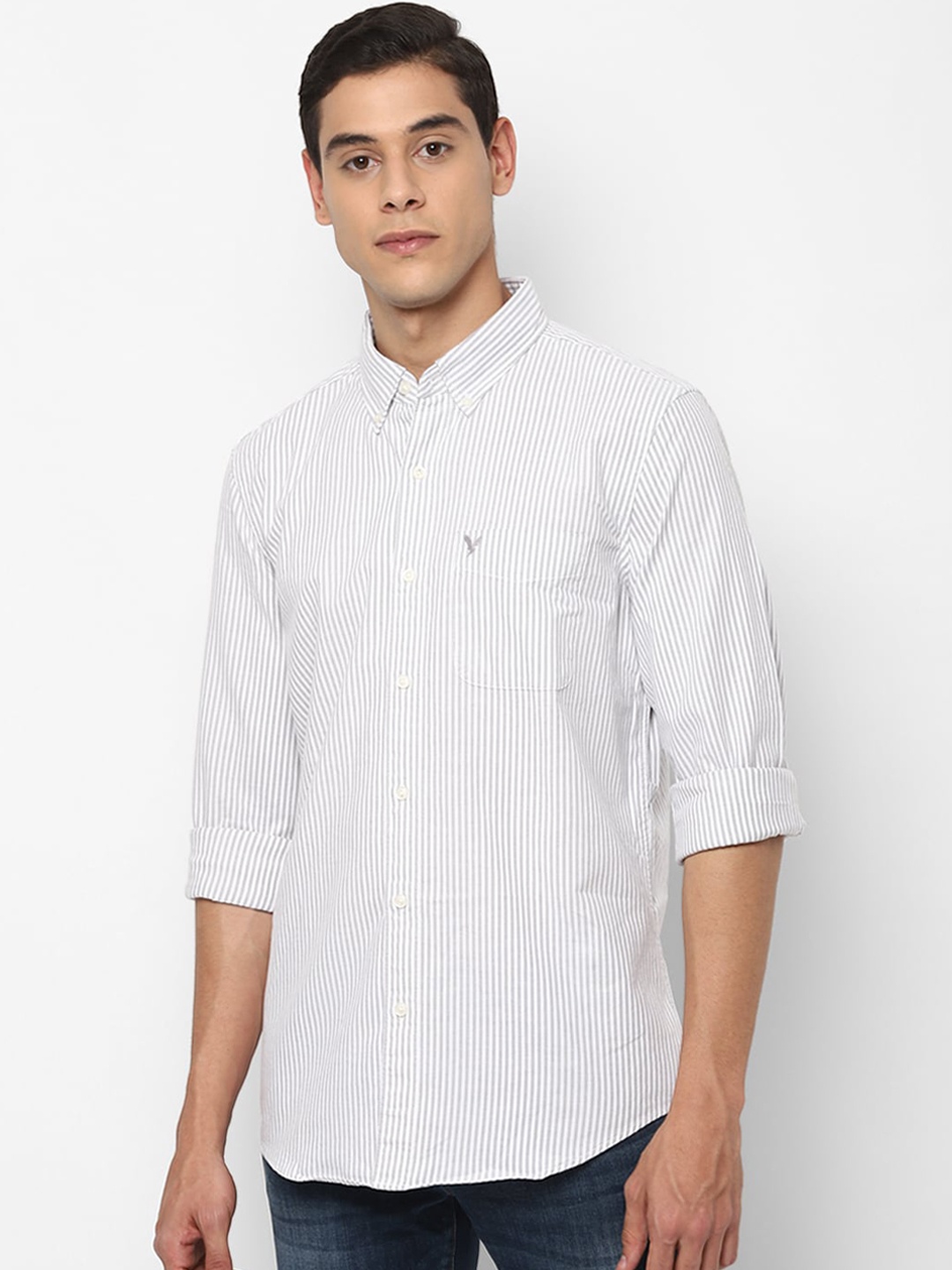 

AMERICAN EAGLE OUTFITTERS Men Grey Slim Fit Striped Casual Cotton Shirt