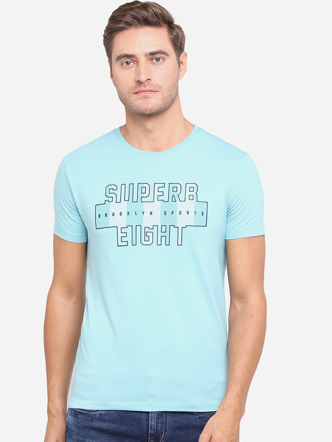 

JADE BLUE Men Blue Printed Round Neck Pure Cotton T-shirt