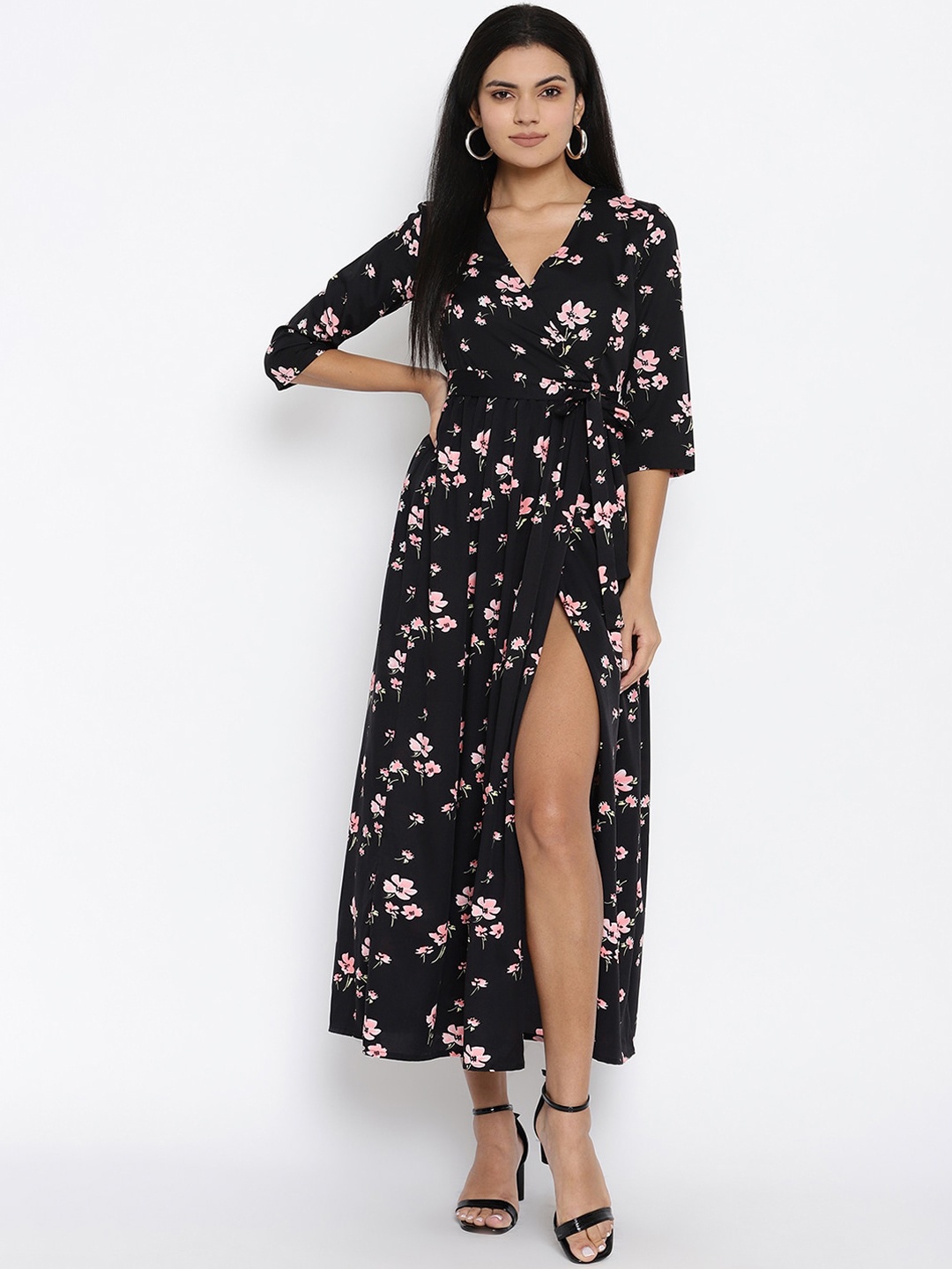 

THREAD MUSTER Women Black Printed Wrap Dress