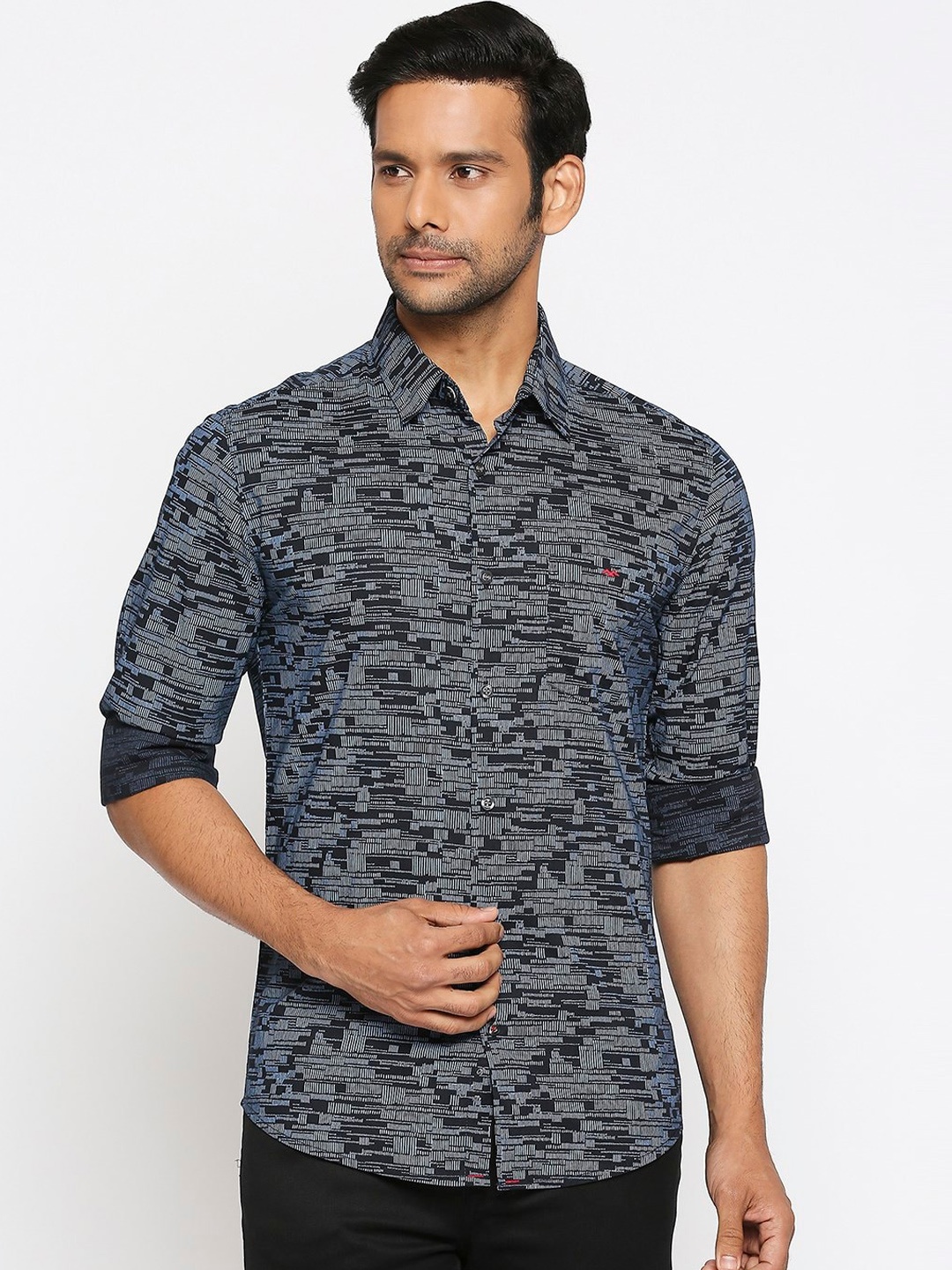 

Mufti Men Navy Blue & White Slim Fit Printed Pure Cotton Casual Shirt