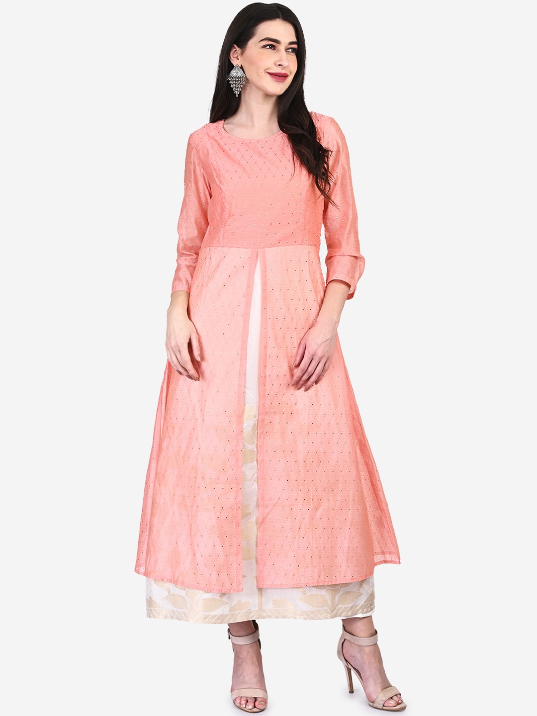 

Be Indi Silk Embellished and Self Design Round Neck Double Layer Midi Dress, Pink