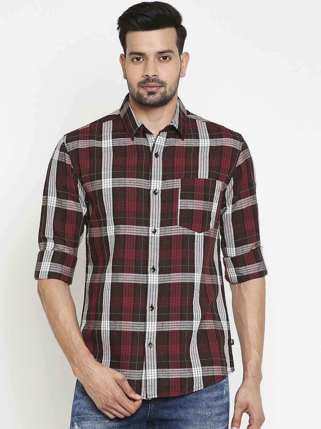 

Mufti Men Maroon & Grey Slim Fit Checked Casual Shirt