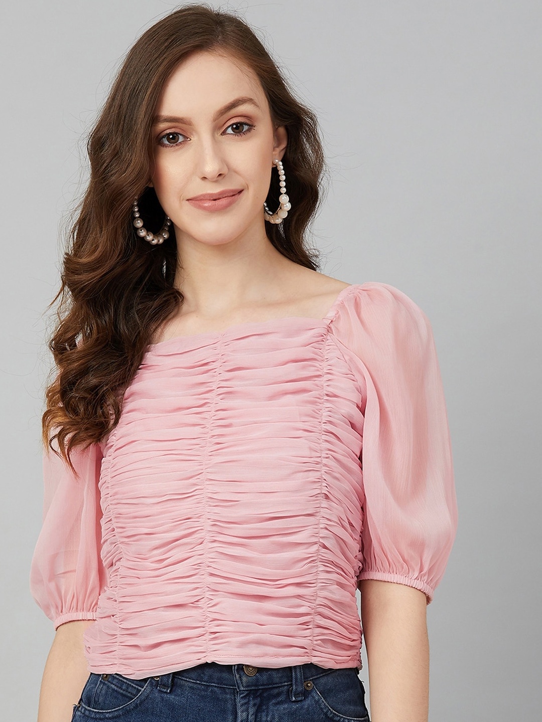 

Marie Claire Pink Puff Sleeves Smocked Chiffon Fitted Top