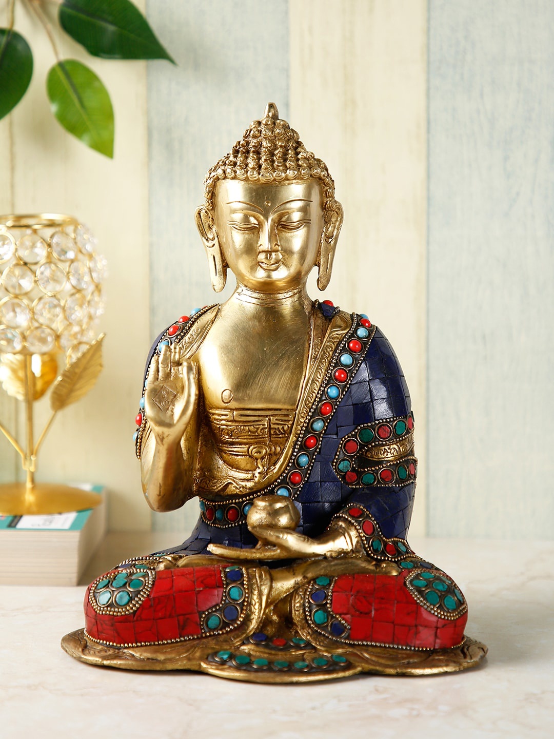 

CraftVatika Gold-Toned & Red Blessing Buddha Showpiece, Blue