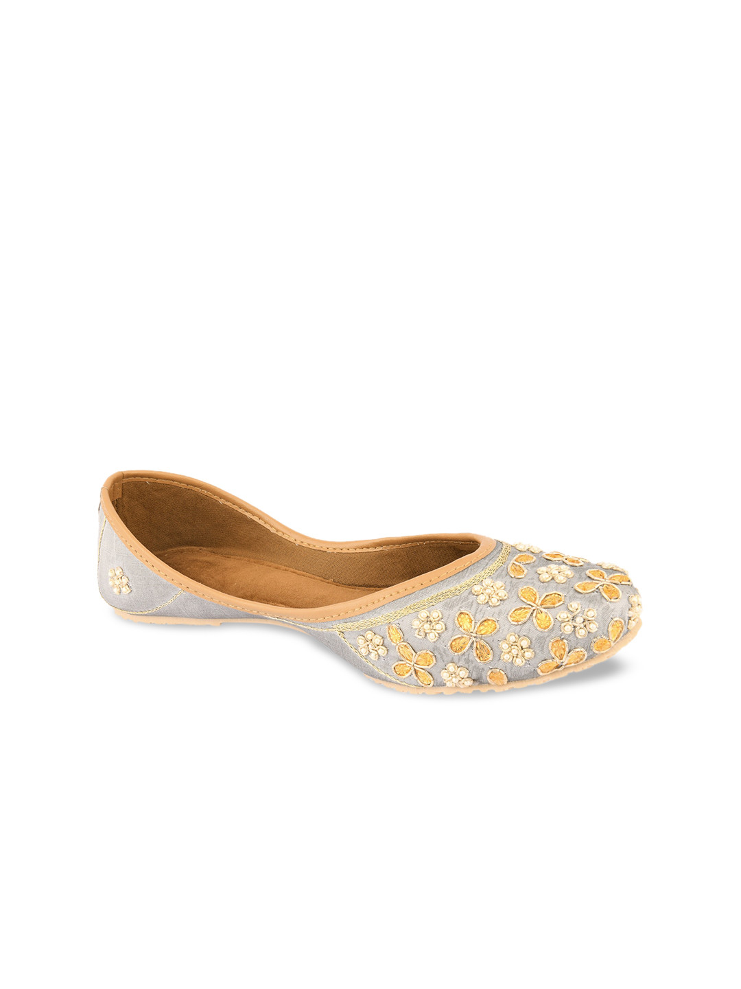 

DESI COLOUR Women Grey Floral Embellished Mojaris