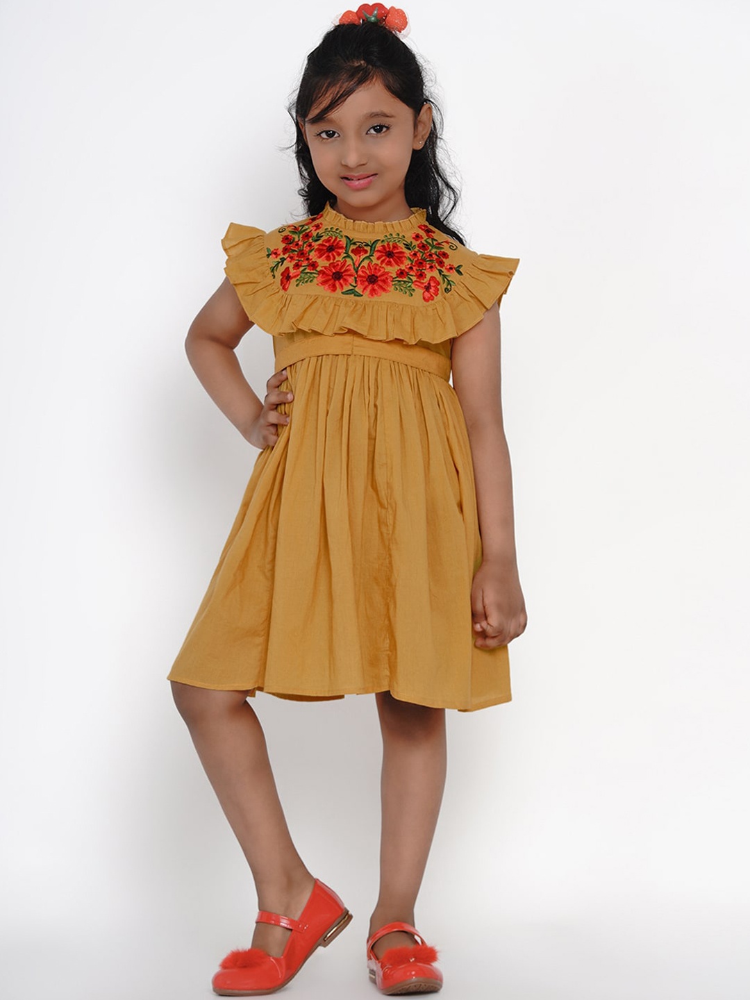 

Bitiya by Bhama Girls Mustard Yellow Embroidered Empire Dress