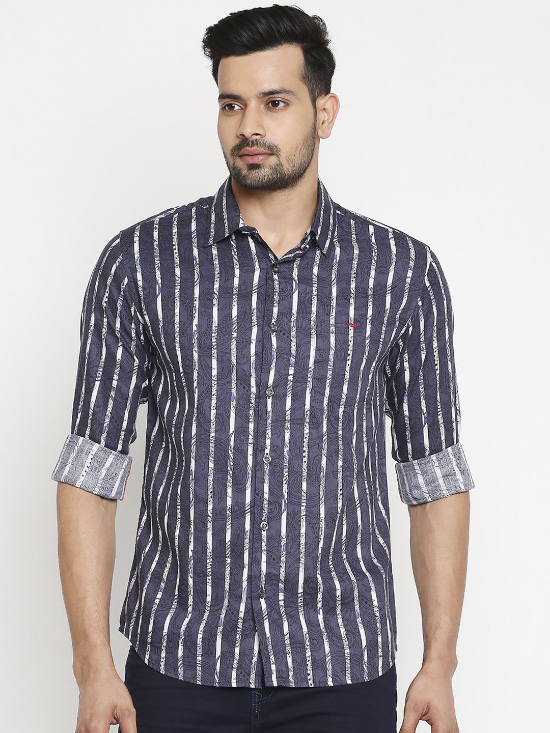 

Mufti Men Navy Blue Slim Fit Striped Casual Shirt