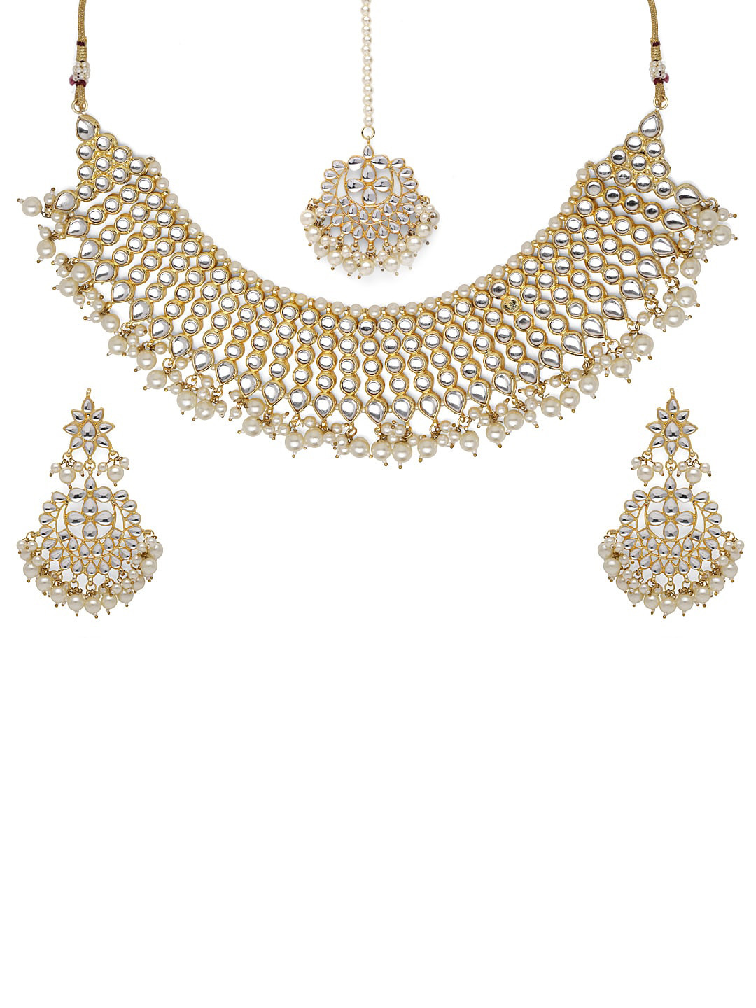 

Fabstreet Gold-Plated & Off-White Kundan Studded Vilandi Jewellery Set with Maangtika