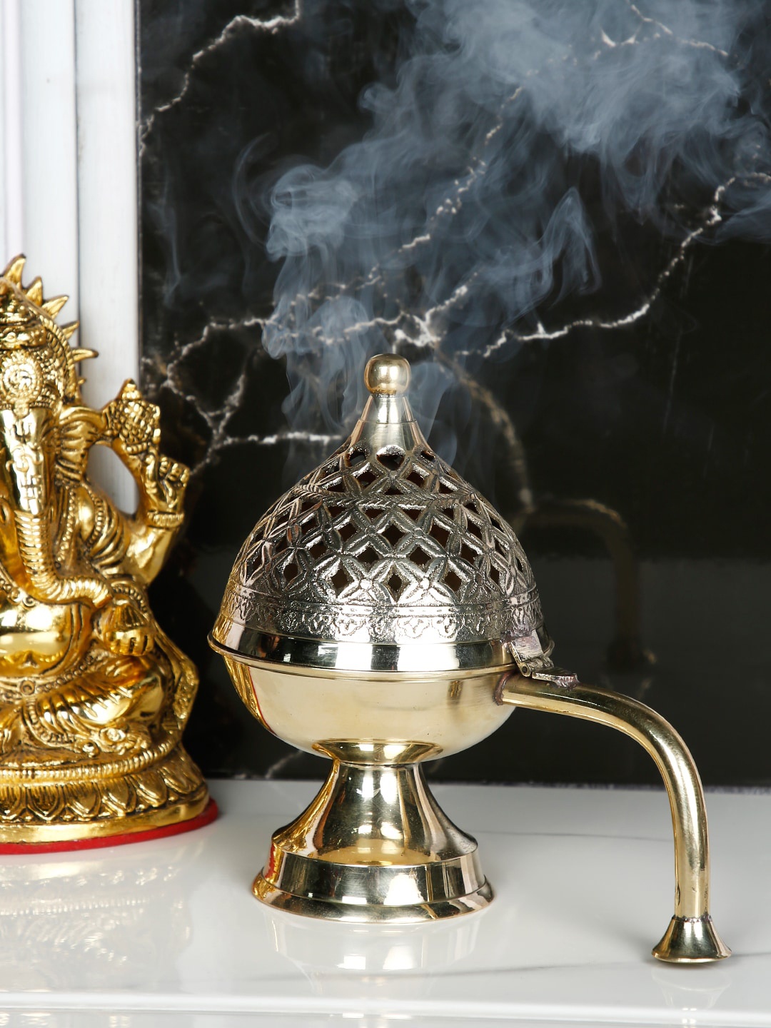 

CraftVatika Gold-Toned Dhoop Dani Loban With Handle & Incense Stick Holder Showpiece