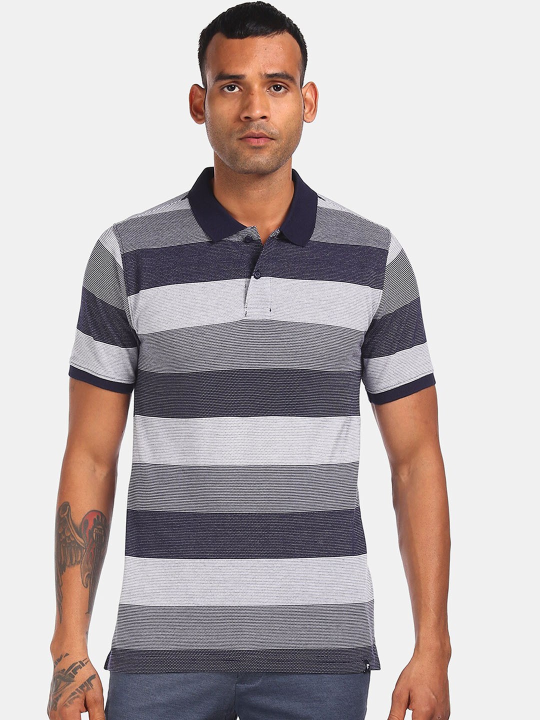 

Ruggers Men Navy Blue & Grey Striped Polo Collar T-shirt