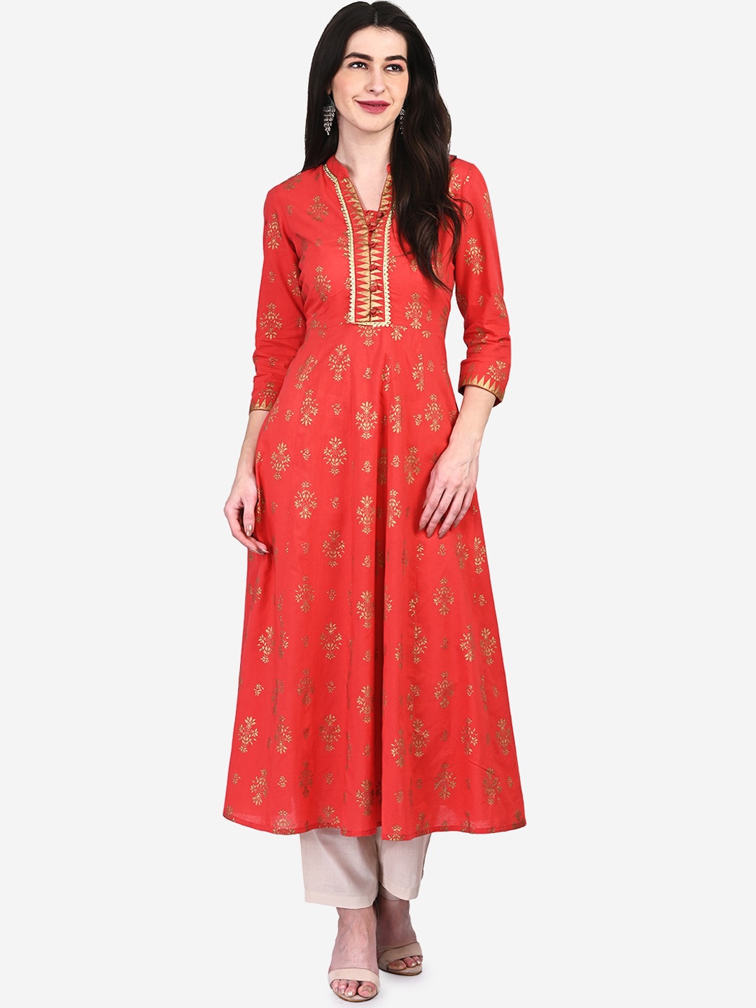 

Be Indi Women Red & Gold-Toned Ethnic Motifs Printed Anarkali Kurta