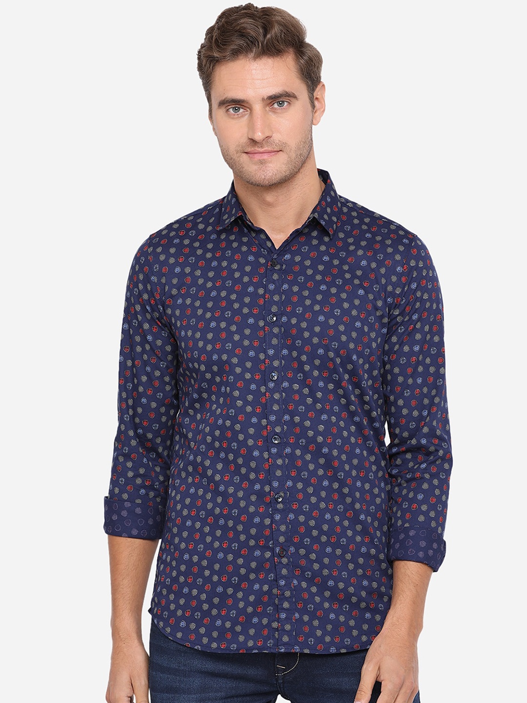 

JADE BLUE Men Navy Blue & White Slim Fit Printed Cotton Casual Shirt