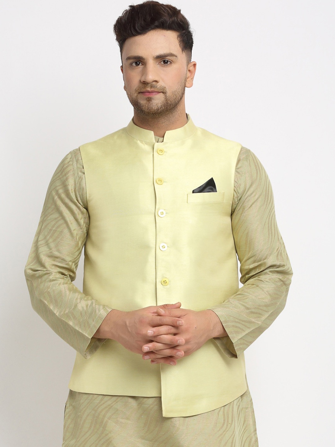 

NEUDIS Men Green Solid Jacquard Nehru Jacket, Cream