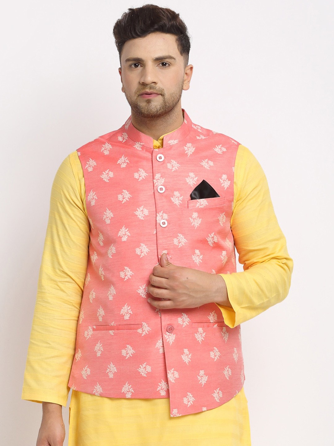 

NEUDIS Men Coral Pink & White Jacquard Woven Design Nehru Jacket