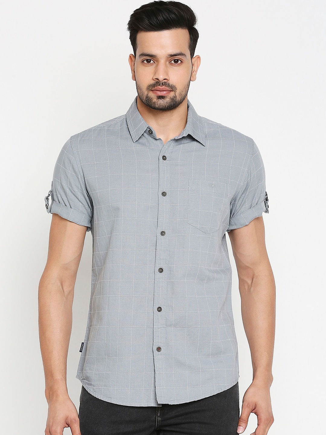 

Mufti Men Grey Slim Fit Checked Cotton Linen Casual Shirt