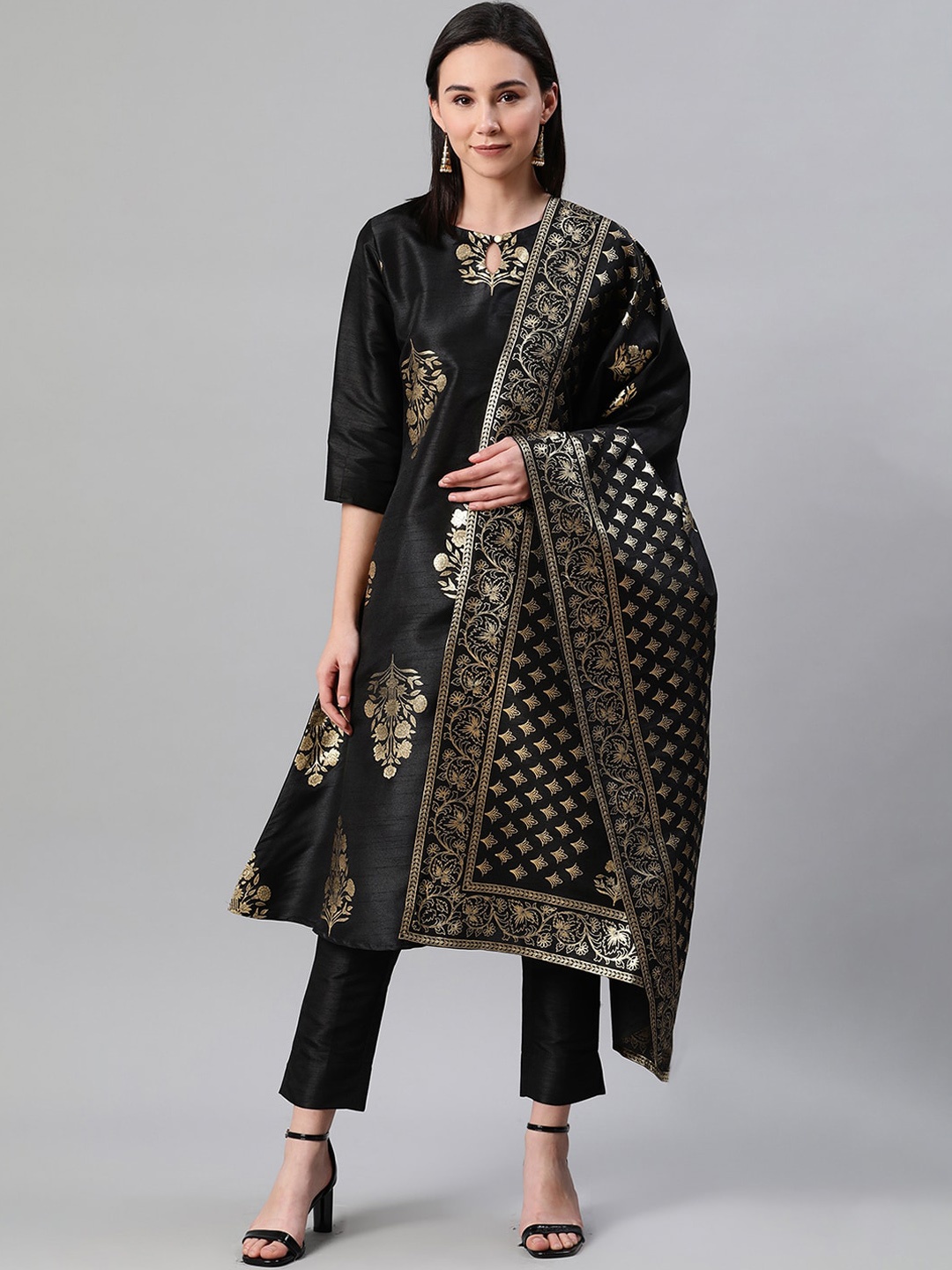 

ZIYAA Women Black Printed Art Silk Kurta with Trousers & Dupatta