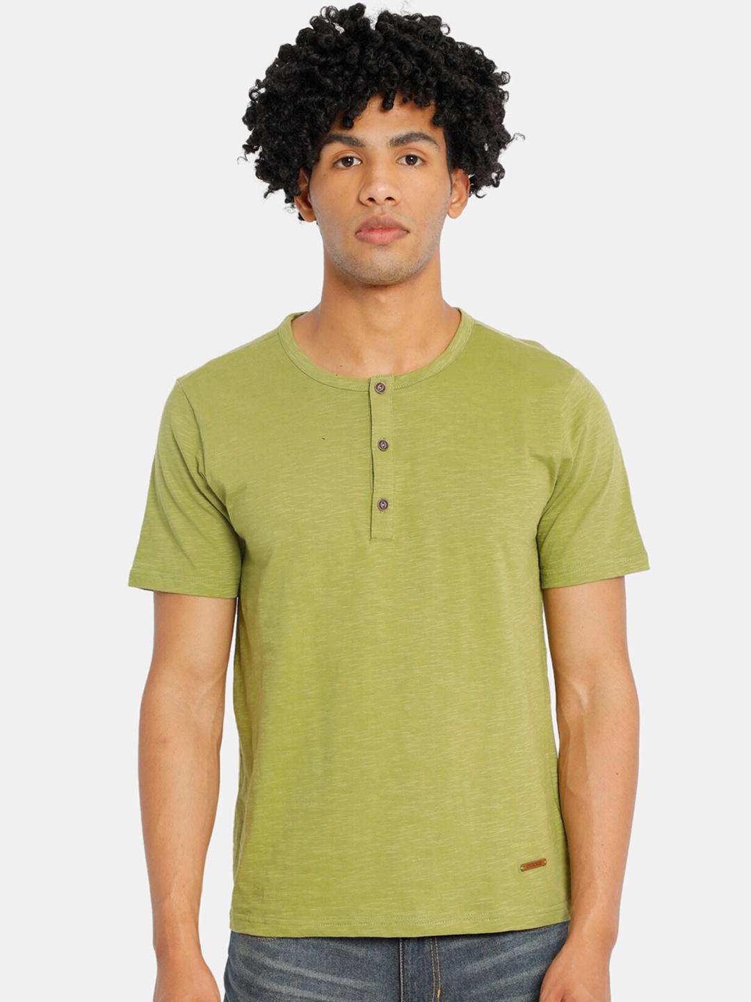 

Cherokee Men Olive Green Solid Henley Neck T-shirt