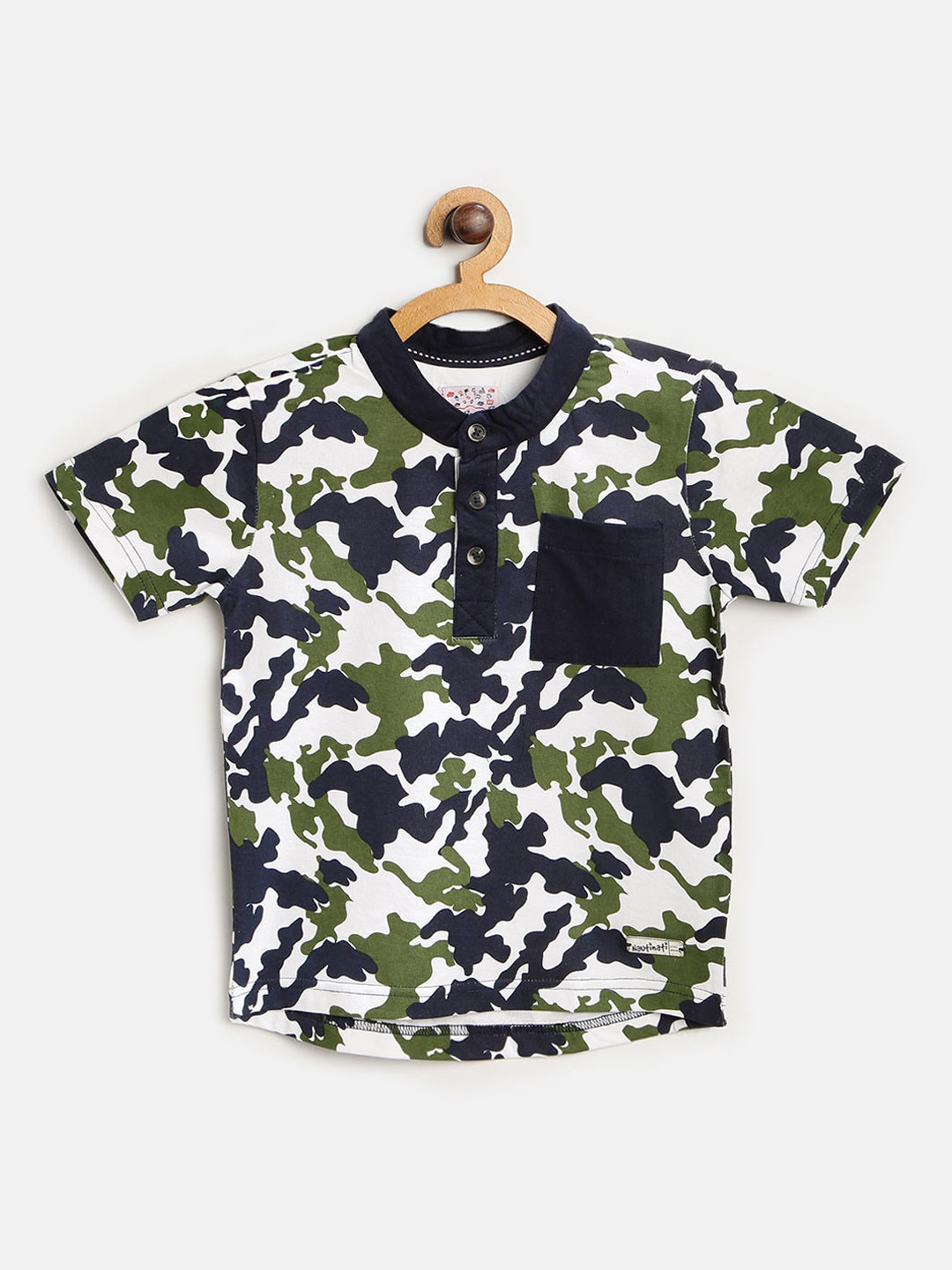 

Nauti Nati Boys White Green Camouflage Printed Henley Neck Cotton Pure Cotton T-shirt