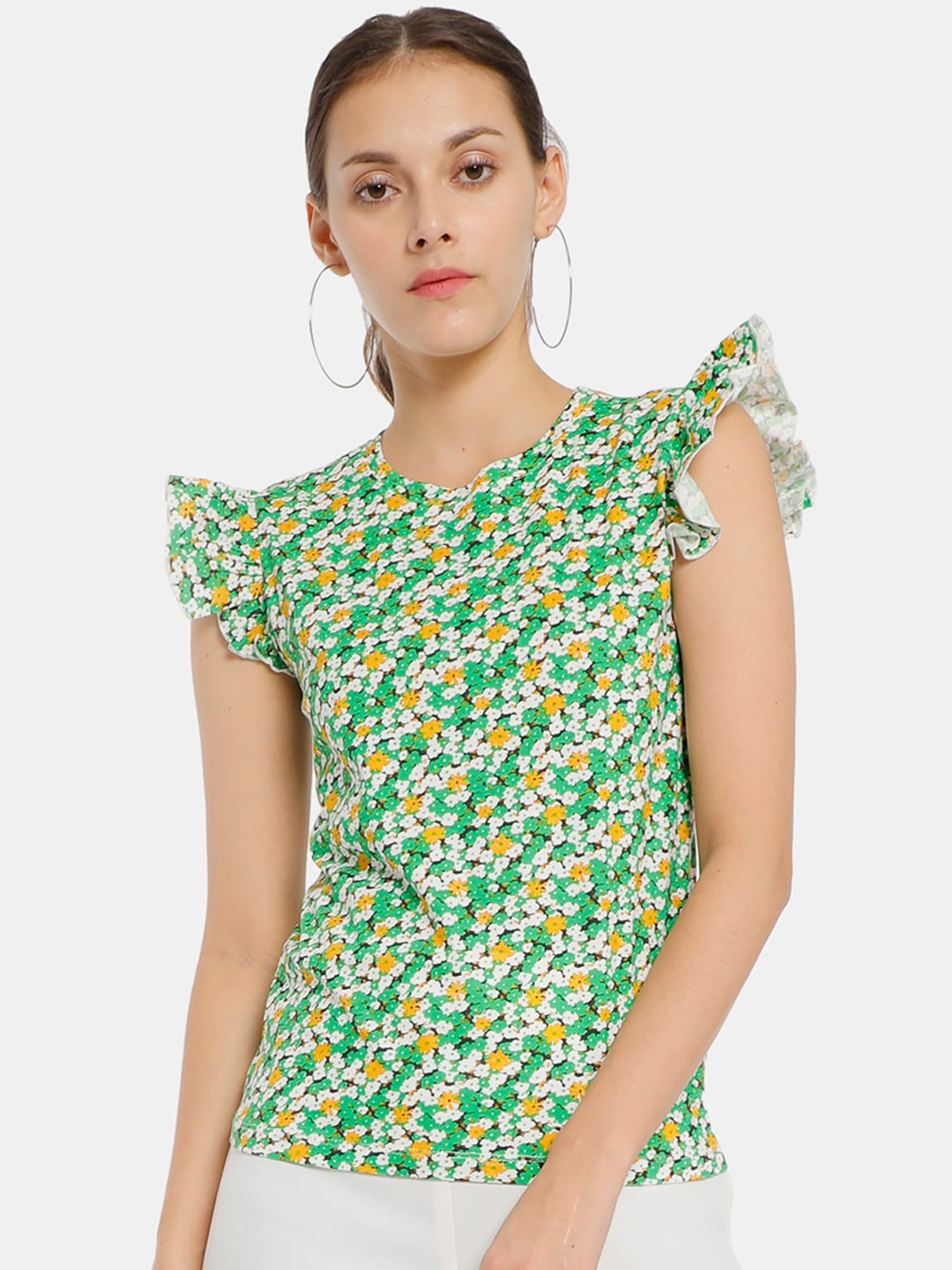 

Sugr Green & White Floral Printed Flutter Sleeves Pure Cotton Regular Top
