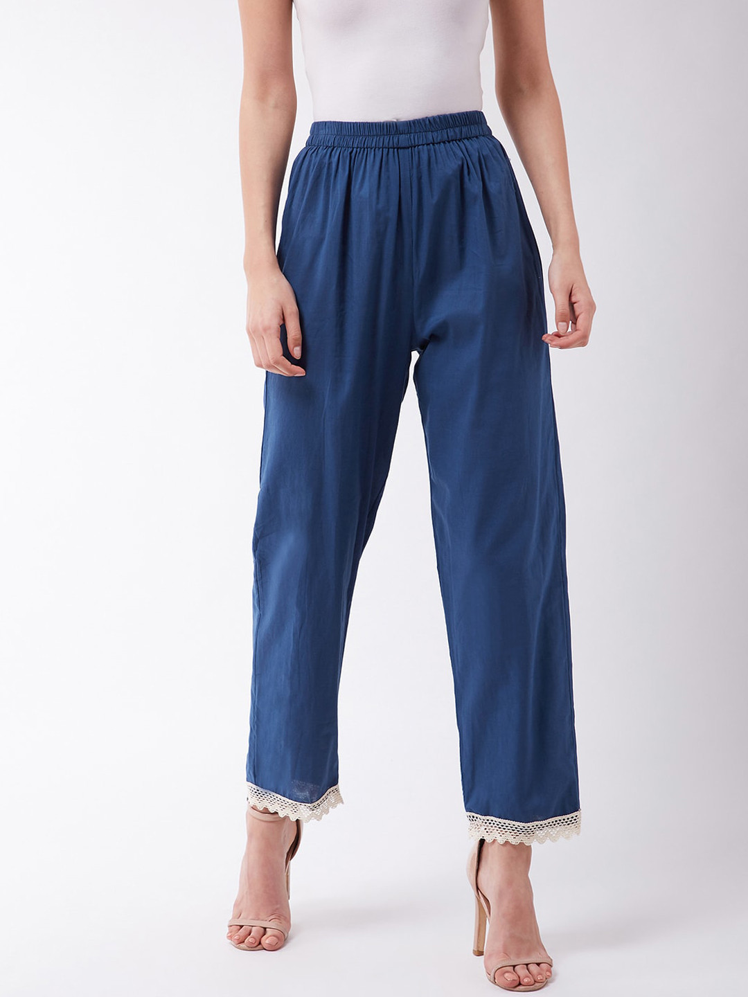 

InWeave Women Blue Regular Fit Solid Regular Trousers With Lace Hem