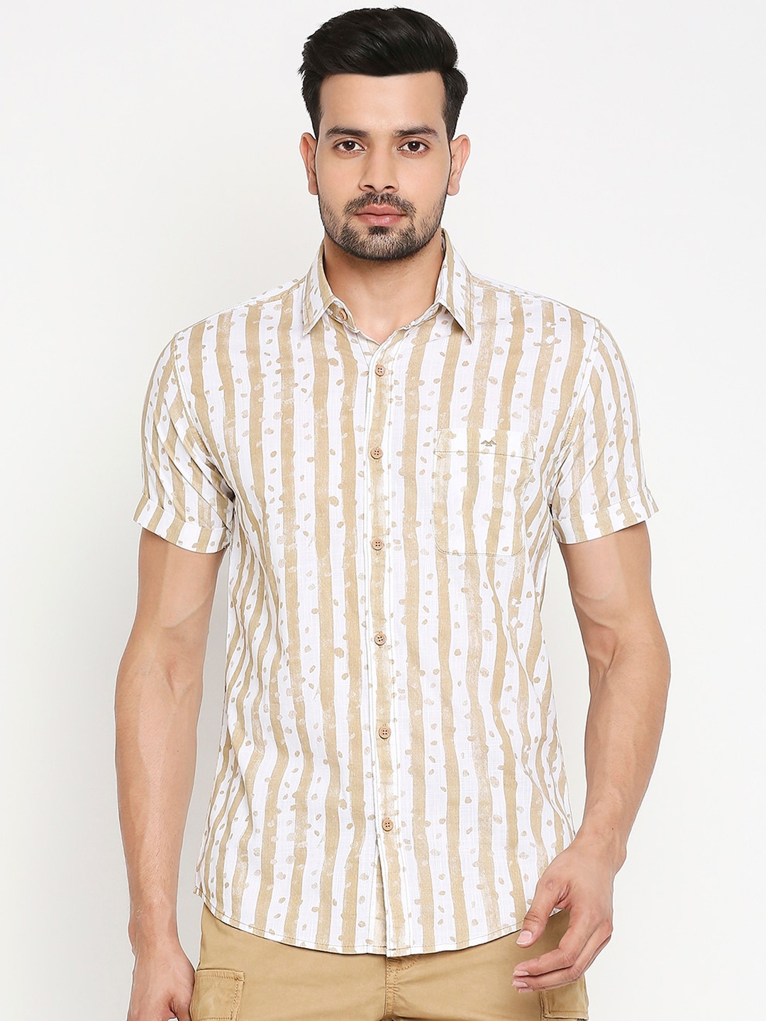

Mufti Men Khaki Slim Fit Striped Casual Shirt