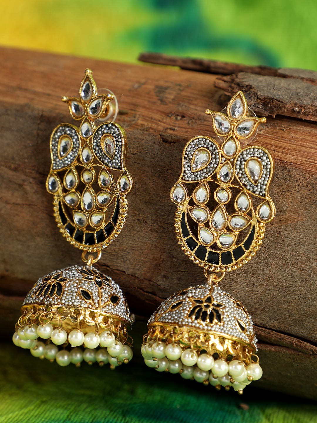 

ANIKAS CREATION Black & Gold-Plated Contemporary Jhumkas
