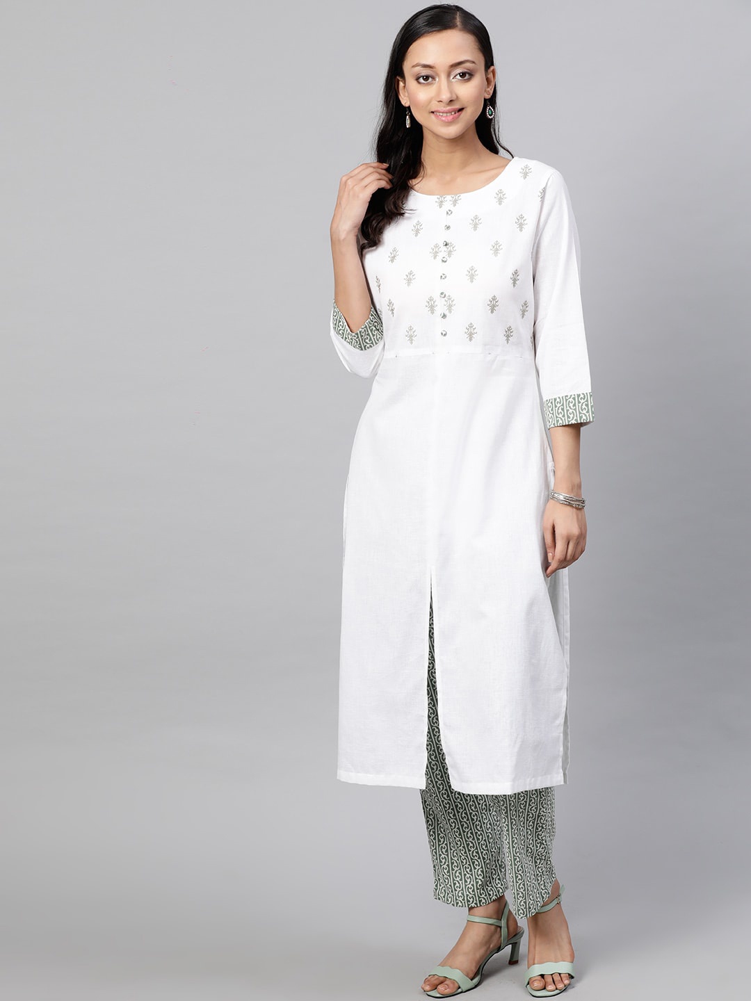 STREET 9 Women White & Green Yoke Design Kurta with Trousers