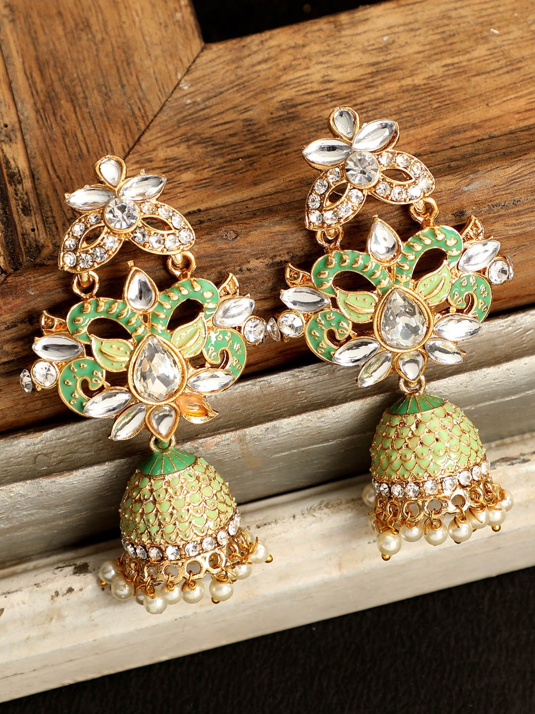ANIKAS CREATION Gold-Plated & Green Dome Shaped Jhumkas