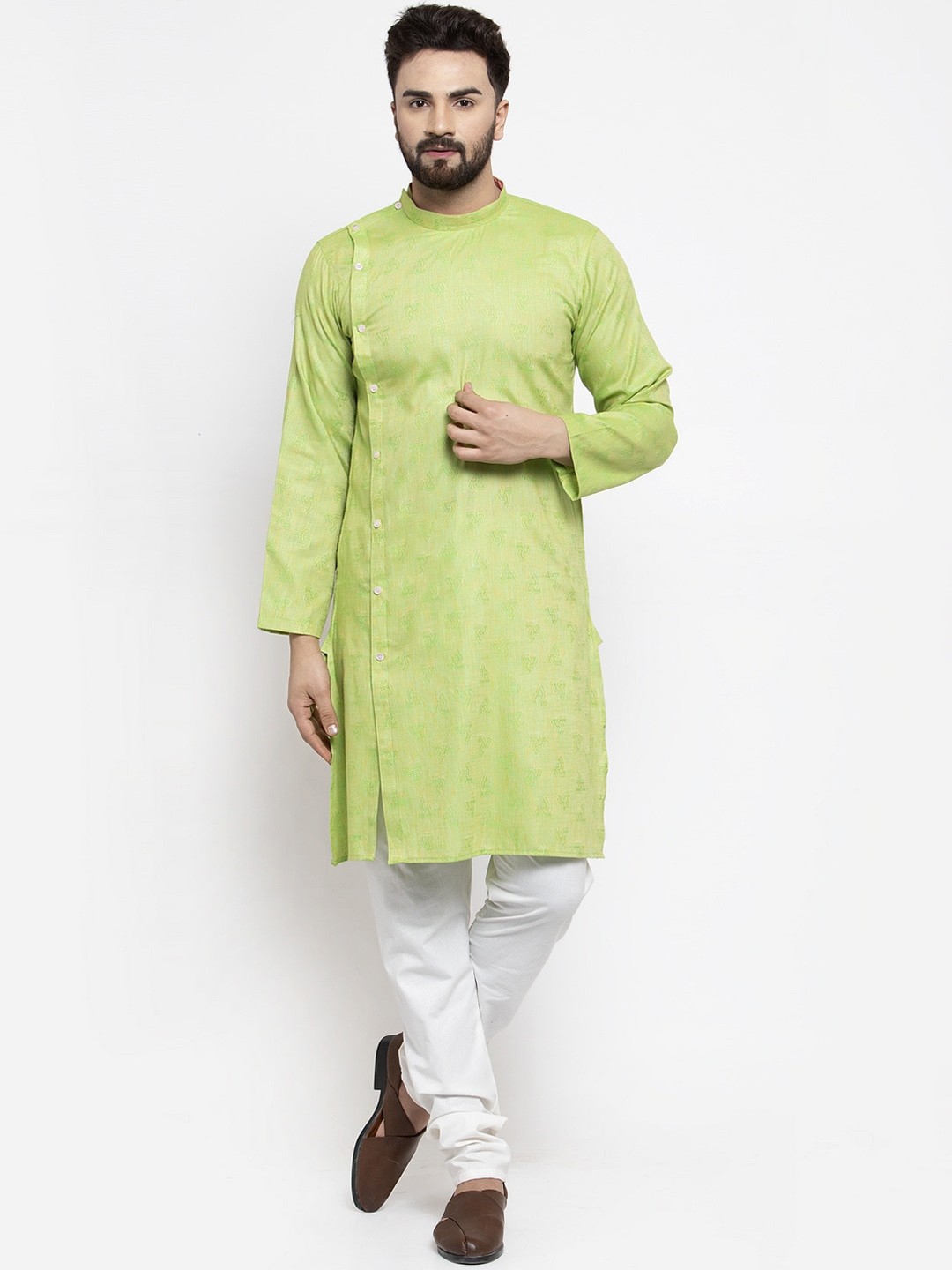 

KLOTTHE Men Green Woven Design Ethnic Motifs Jacquard Kurta