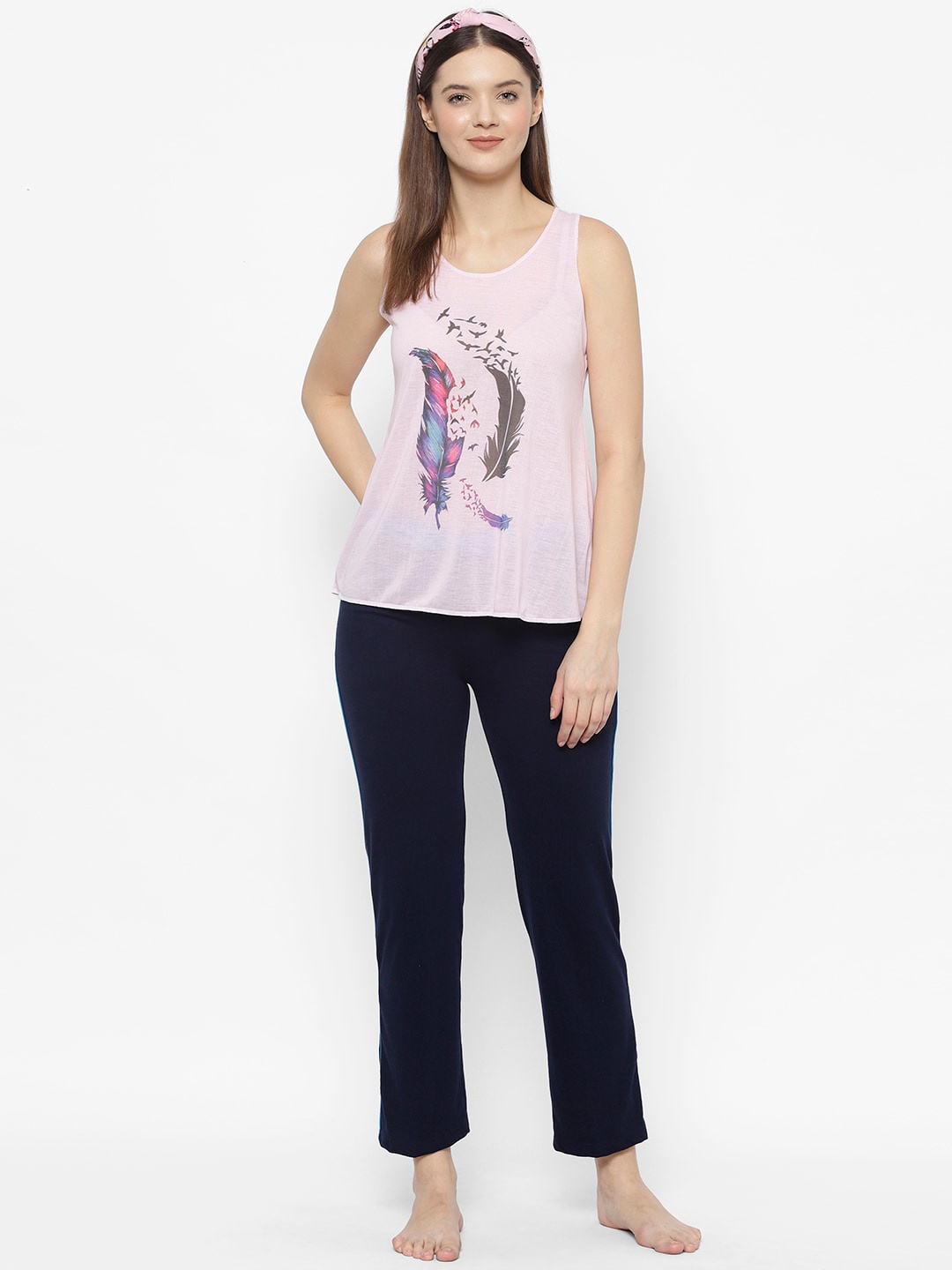 

VIMAL JONNEY Women Pink & Navy Blue Printed T-shirt and Pyjamas Set