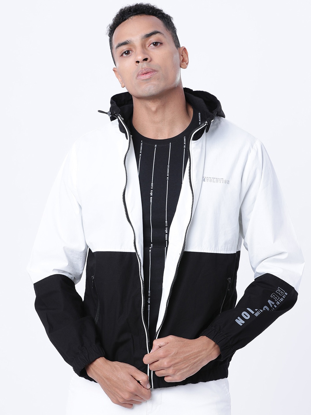 

LOCOMOTIVE Men Black & White Colourblocked Cotton Tailored Jacket