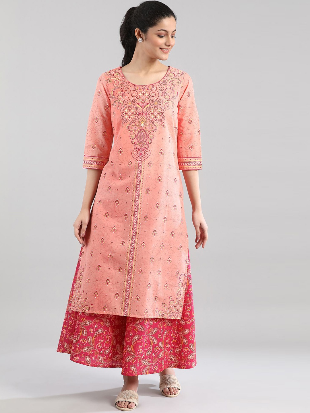 

AURELIA Women Peach-Coloured & Yellow Ethnic Motifs Printed Kurta
