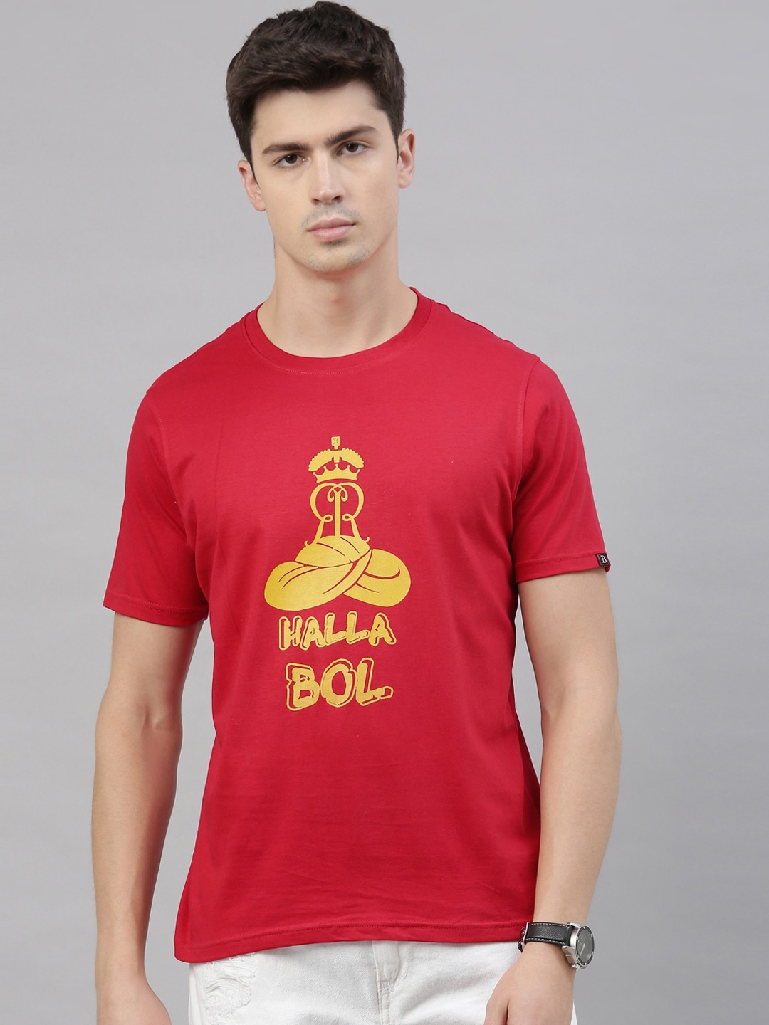 

Bushirt Men Red Brand Logo Printed Round Neck T-shirt