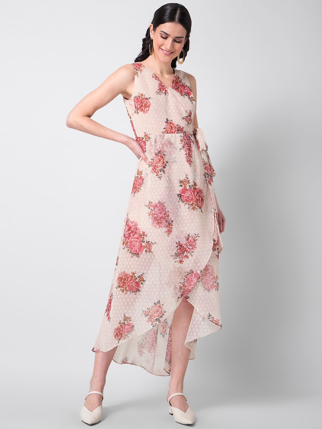 

FabAlley Women Peach-Coloured Printed Wrap Dress