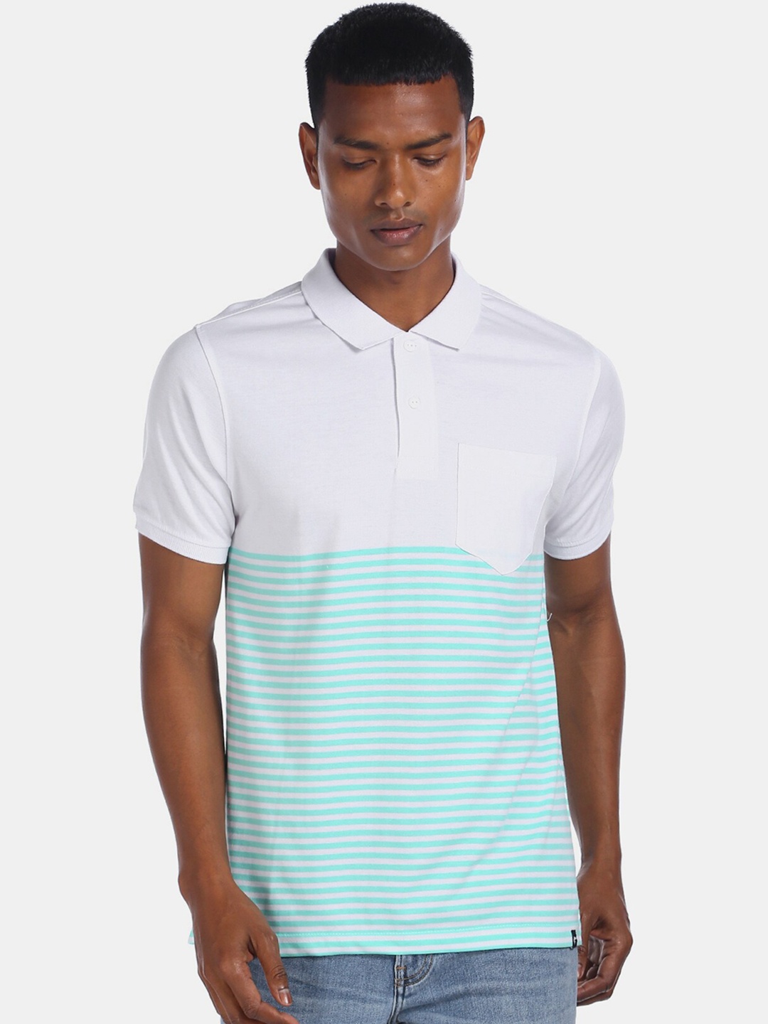 

Ruggers Men White & Turquoise Blue Striped Polo Collar Cotton Blend T-shirt