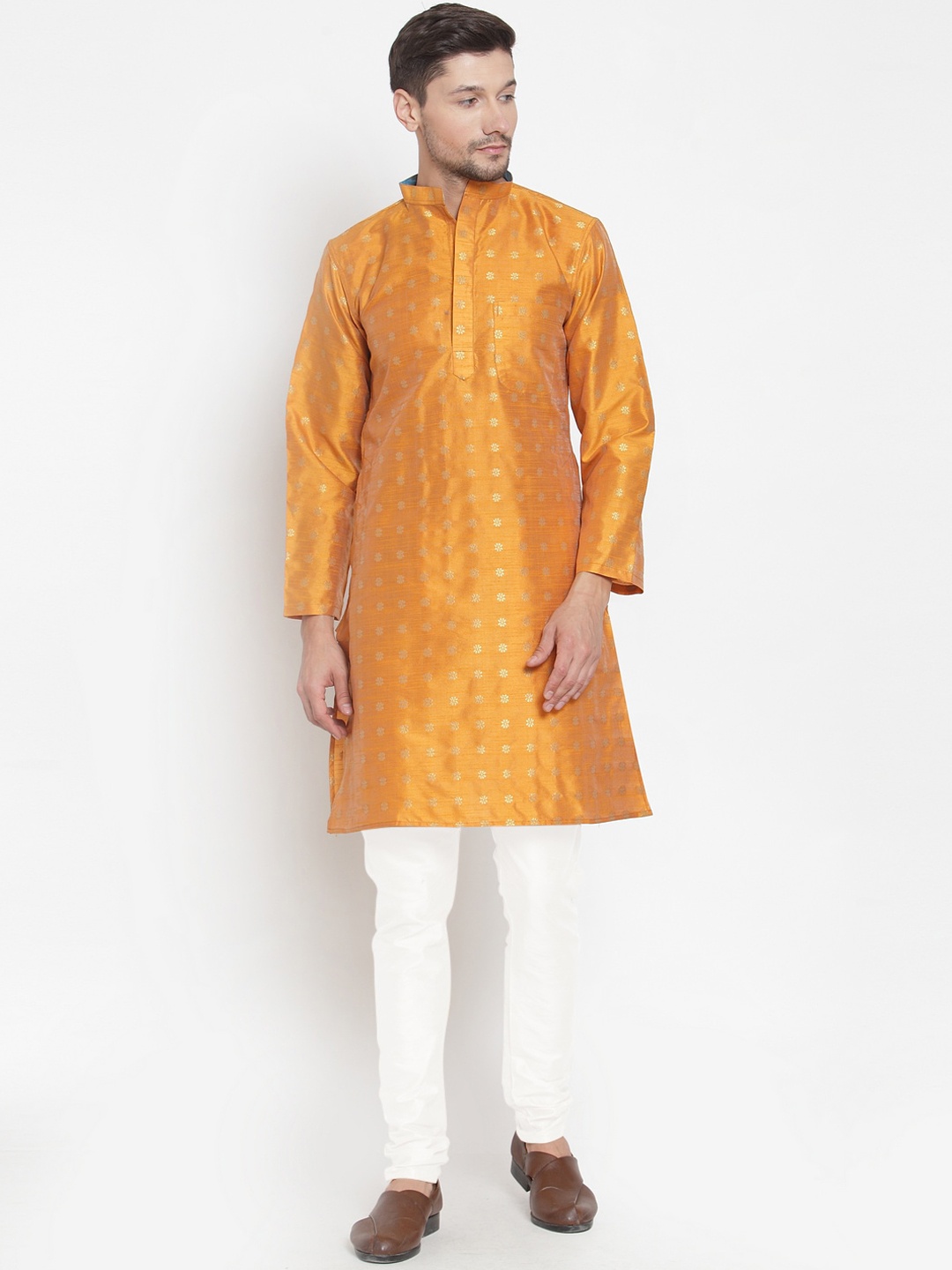KLOTTHE Men Mustard Yellow & Gold-Coloured Ethnic Motifs Kurta