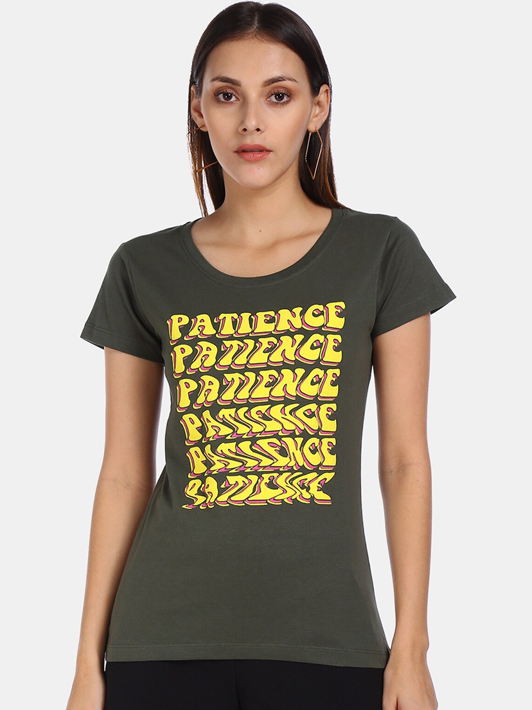 

Sugr Women Olive Green Printed V-Neck T-shirt