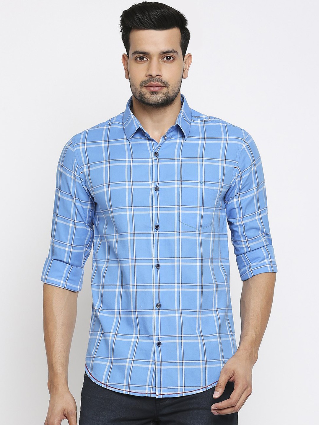 

Mufti Men Turquoise Blue Slim Fit Checked Casual Cotton Shirt