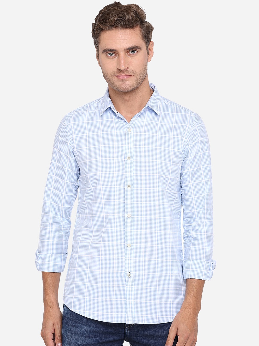 

JADE BLUE Men Blue & White Slim Fit Checked Cotton Casual Shirt