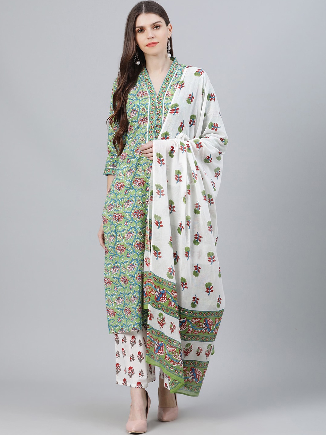 

Libas Women Green & White Printed Kurta with Palazzos & Dupatta