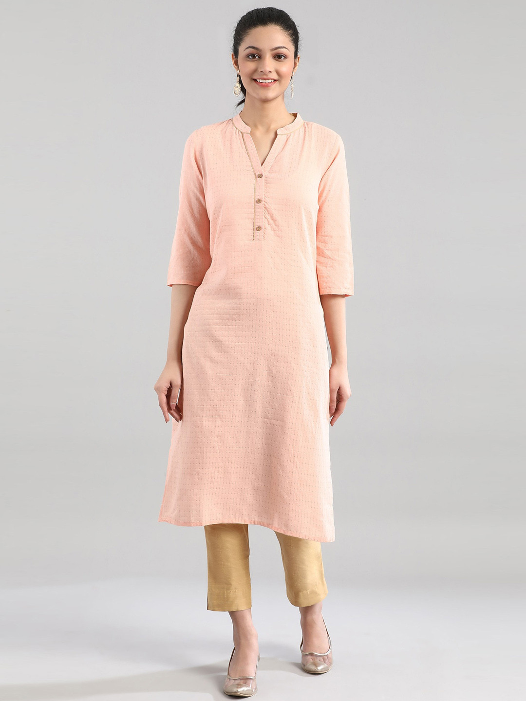 

AURELIA Women Pink & Grey Striped Kurta