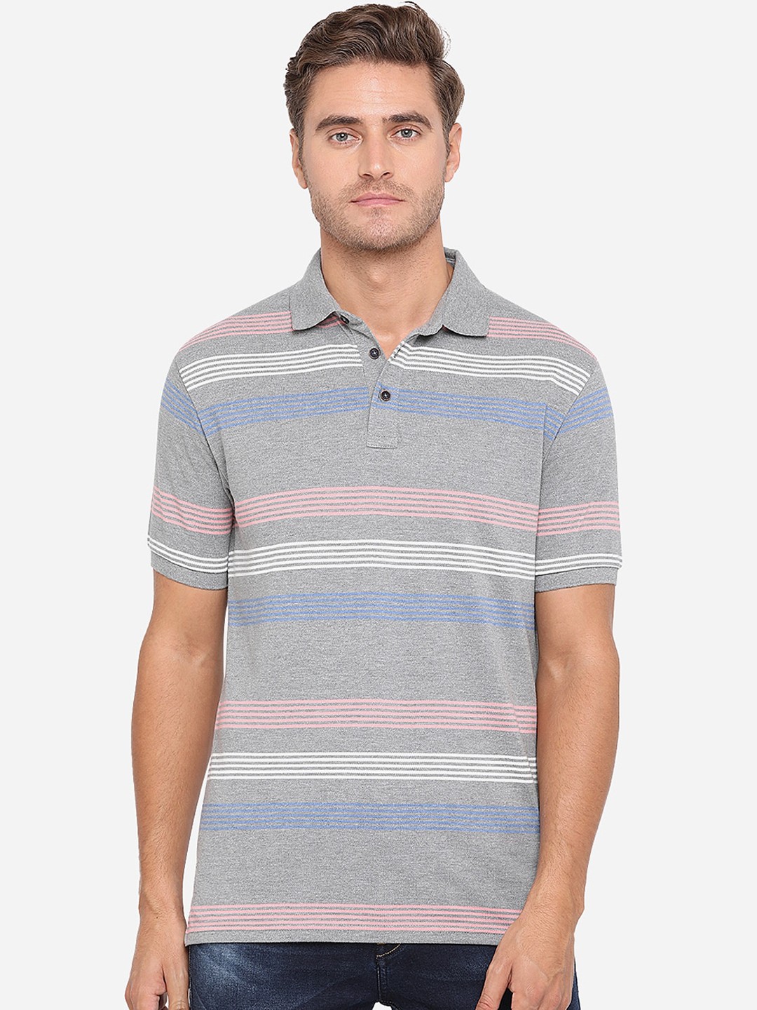 

JADE BLUE Men Grey Striped Cotton Polo Collar Pure Cotton T-shirt