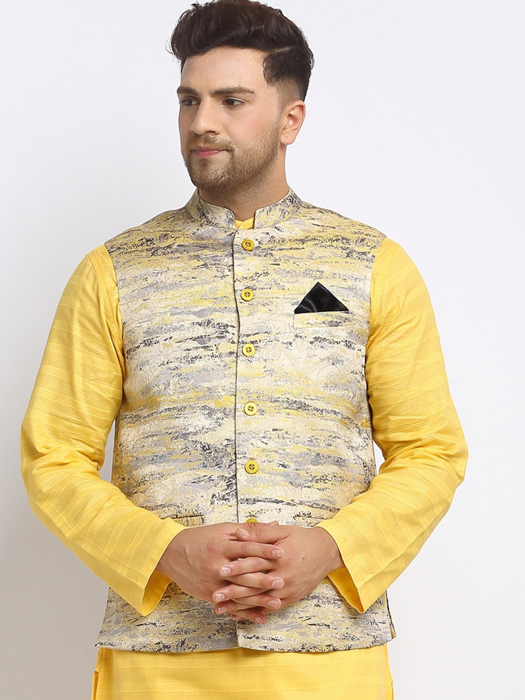 

NEUDIS Men Grey & Yellow Jacquard Woven Design Nehru Jacket