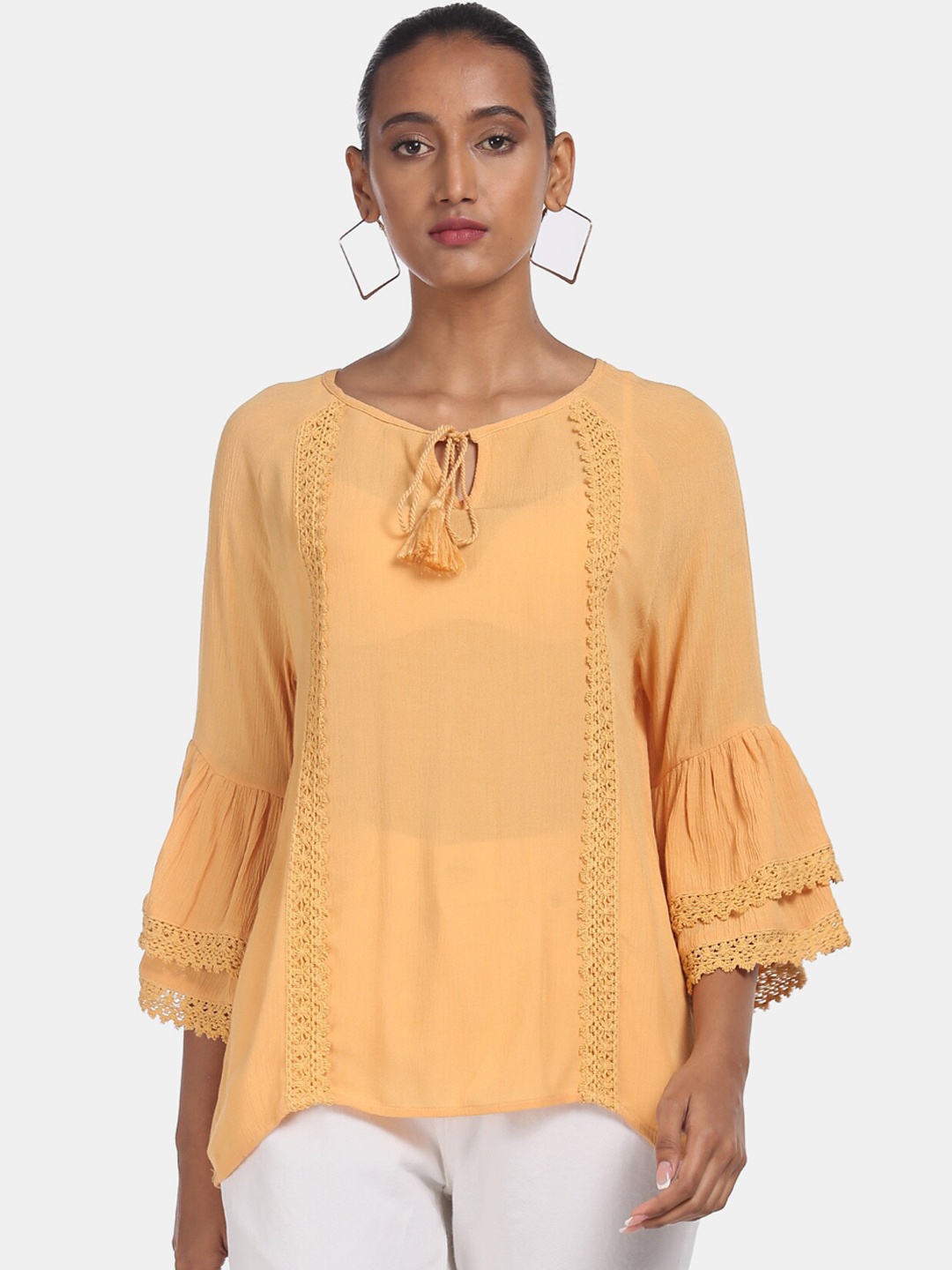

Cherokee Mustard Tie-Up Neck Bell Sleeves Regular Top