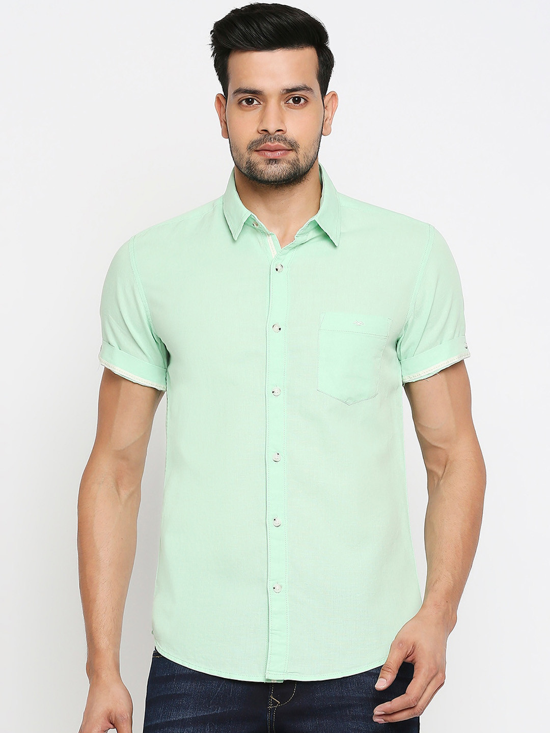 

Mufti Men Green Slim Fit Solid Cotton Linen Casual Shirt