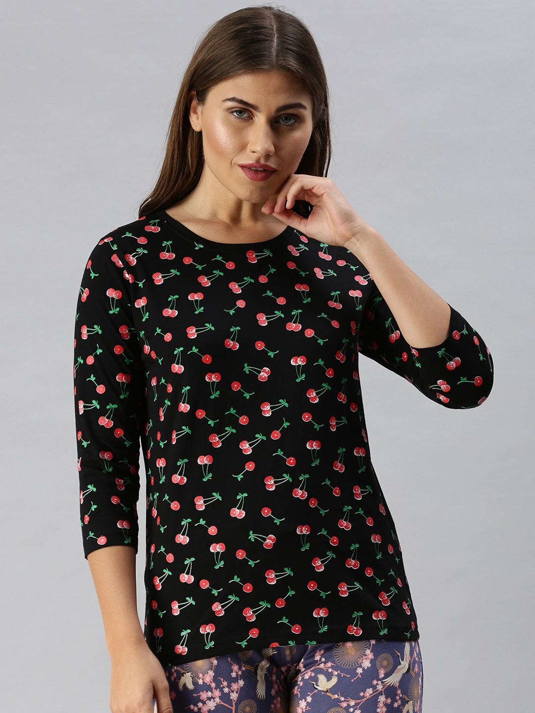 Kryptic Women Black & Pink Cherry Printed Pure Cotton Lounge T-Shirt