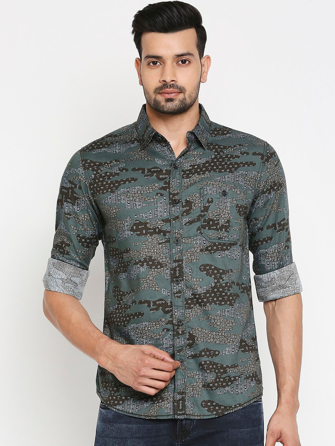 

Mufti Men Olive Green & Brown Slim Fit Printed Casual Cotton Shirt
