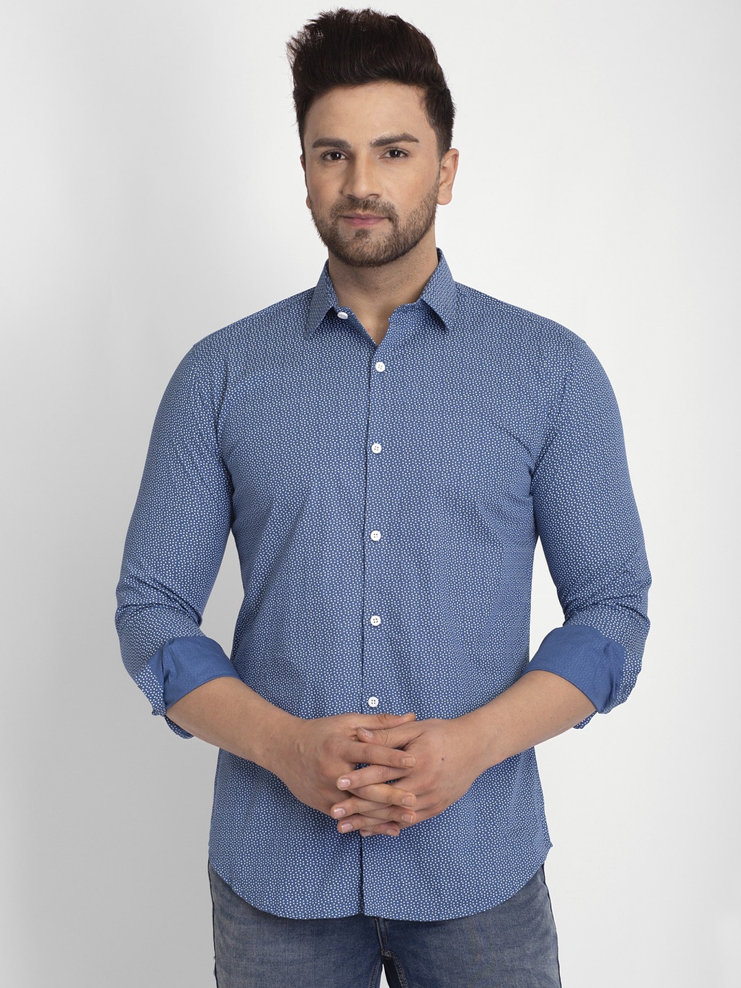 JAINISH Men Blue & White Regular Fit Printed Cotton Casual Shirt